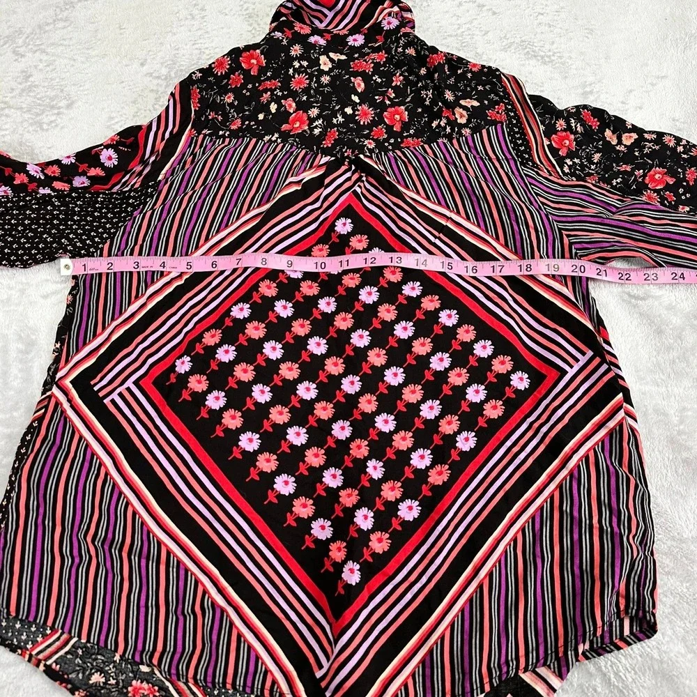 Free‎ People Button Down Shirt Womens Small Black Mixed Print Floral Stripe